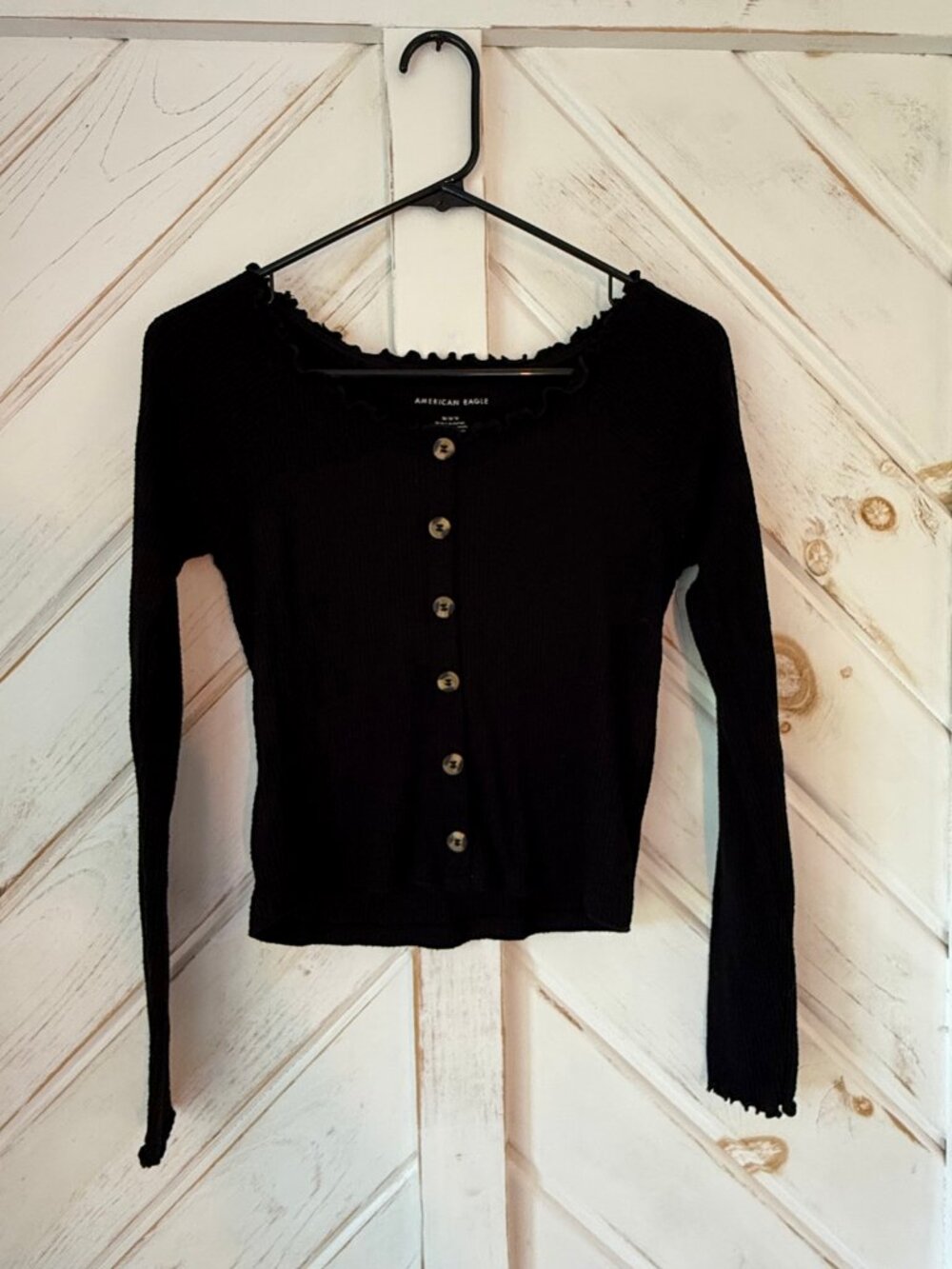 American Eagle Black Ribbed Button Henley Top Womens M